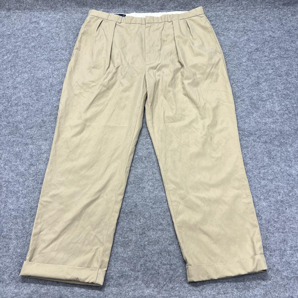 Polo Ralph Lauren Pants Mens 40x30 Beige Silk Cotton Pleated Cuffed Trousers